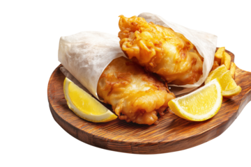 Battered fish fillets with flaky white interior wrapped in paper with lemon wedges on wooden board isolated on white transparent background. Australia Fish and Chips
