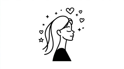 one line art woman hearts stars minimal drawing