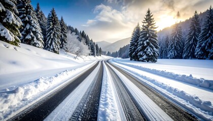 Winter road through snowy forest. Sunlight illuminates a paved road, flanked by snow-covered trees and mountains, under a partly cloudy sky