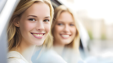 Two young women smiling inside a car, looking forward through the windshield with a blurred cityscape behind them.