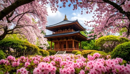 Wooden pagoda nestled amongst vibrant pink cherry blossoms and azaleas