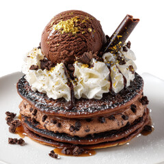Decadent chocolate pancakes stacked high with whipped cream ice cream and chocolate shavings