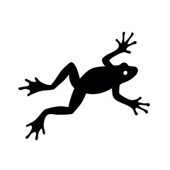 Fototapeta premium Jumping frog silhouette with extended legs and webbed feet, a simple black amphibian icon isolated on a white background.
