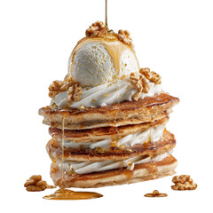 Stacked pancakes topped with vanilla ice cream whipped cream walnuts and dripping honey