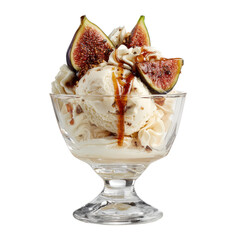 Creamy vanilla ice cream sundae with figs whipped cream nuts and caramel sauce