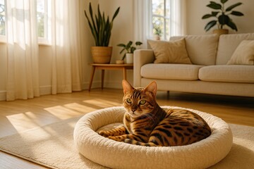 Bengal cat relaxing in a cozy round pet bed in a sunlit living room with modern beige furniture and indoor plants