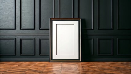 Moody Vertical Print Display: Black Frame on Charcoal Wall with Wood Floor