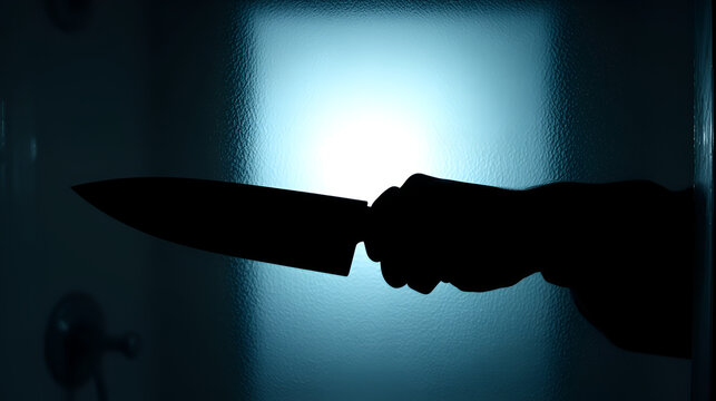 shadow of hand holding big sharp knife behind Frosted glass in the bathroom background.Robber,murderer or killer with knife.concept of scary crime scene of horror or thriller movies,Halloween theme