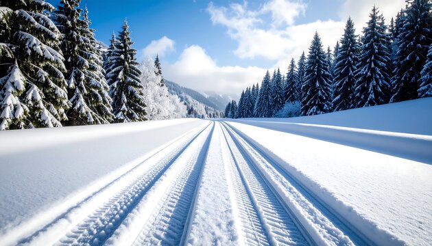 Winter wonderland vista.  Tracks of a snowmobile or cross-country ski trail through a snowy forest