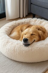 Golden retriever smiling peacefully while curled up in a soft round pet bed in a cozy, sunlit room with warm and inviting decor