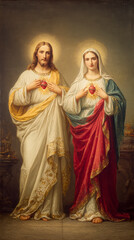 Naklejka premium Sacred Hearts of Jesus and Mary – Devotional Religious Art. AI generative.