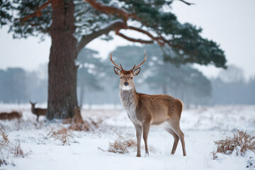 serene winter forest scene showcasing various woodland animals amidst snowcovered trees