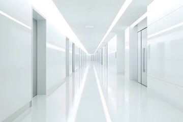 Bright modern hospital corridor with white walls, reflective floors, and soft, calming minimalist lighting.