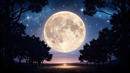 Naklejka premium Full moon shines brightly in a starry night sky