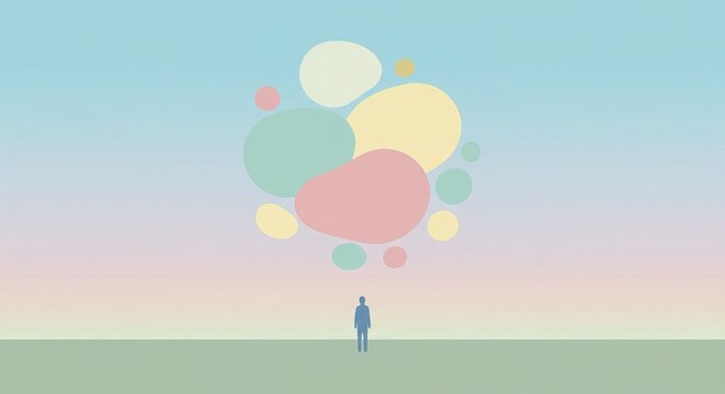 Individual contemplating colorful abstract thoughts floating in sky, representing imagination and ideas