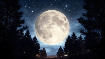 A bright full moon shines in the starry night sky