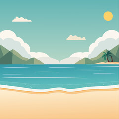 Stylized beach scene showcasing a serene tropical coastline with mountains and clouds
