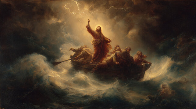 Dramatic oil painting of Jesus standing on a fishing boat in a furious storm on the Sea of Galilee