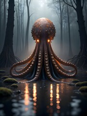 Fototapeta premium A giant octopus with glowing eyes in a dark forest