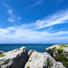 Seascape, against the background of the sea and the blue sky with delicate white clouds, there are granite boulders covered with green algae, which turned gray due to the sun from above.