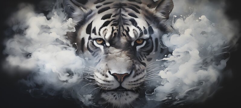 a light tiger , coming out of the smoke, generative AI