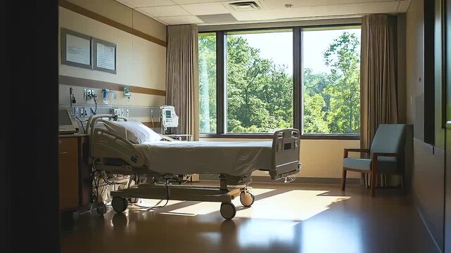 Empty hospital room with sunlight and window view