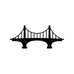 Obraz premium Black silhouette of a suspension bridge with two towers, isolated on a white background.