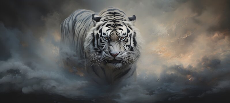a light tiger , coming out of the smoke, generative AI