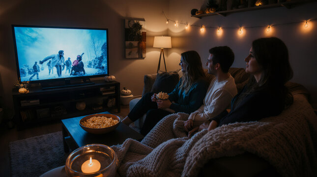A group of friends in their late 20s having a Halloween movie night in a cozy living room. They are huddled under a large, chunky knit blanket on a sofa, with a bowl of popcorn