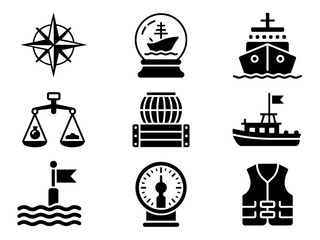 Black and White Nautical Icons Set. Compass Rose, Ship, Cargo, Scales, Flag, Gauge, and Life Jacket in Grid, Maritime Silhouette Vector Collection for Marine and Sailing Design
