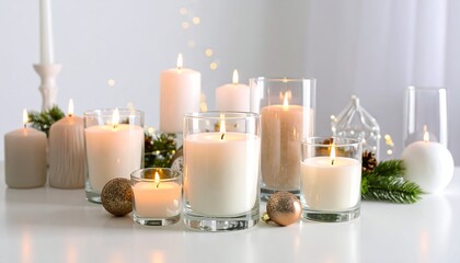 A collection of lit candles in various sizes and containers, decorated with ornaments and greenery, sit on a white surface