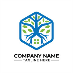 Modern Real Estate Company Logo Design Featuring a Stylized Tree Within a Hexagonal Outline, Symbolizing Growth and Stability