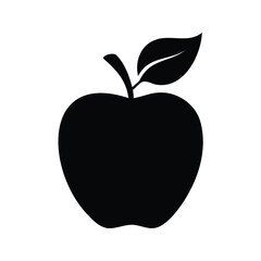 Simple Black Apple Silhouette with a Single Leaf on a White Background
