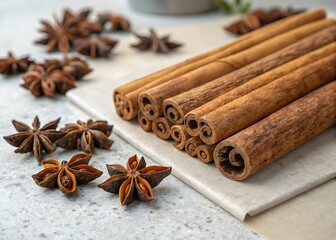 Cinnamon sticks and star anise spices on a textured surface
