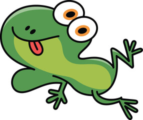 Cute cartoon frog with big eyes, tongue out, green and yellow colors, playful animal character for children’s book, vector art