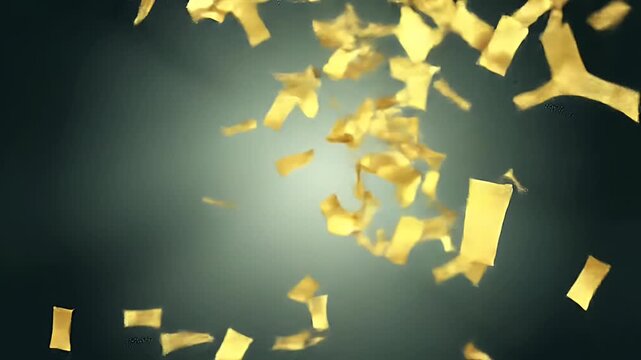 Animation of golden confetti falling down on black background