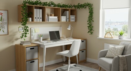 Bright and airy home office setup with a white desk, laptop, storage, and greenery, creating a comfortable and productive workspace.