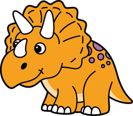 Cute cartoon triceratops dinosaur illustration, adorable orange creature with horns and spots, isolated kids educational and fun animal art