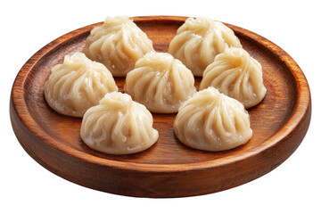 Steamed Chinese dumplings dim sums arranged on wooden plate, isolated on white transparent background, concept of Asian cuisine