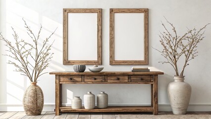 Modern Scene with Two Vertical Wooden Frames and Rustic Console