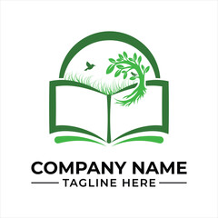 Nature Inspired Learning A Logo Design Combining an Open Book, Verdant Grass, A Flourishing Tree and Birds