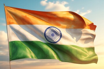 Waving Indian flag against a beautiful sky, symbolizing national pride and freedom, perfect for patriotic themes and cultural events.