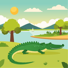 Serene Cartoon Landscape Featuring a Green Alligator Relaxing by the Water on a Sunny Day