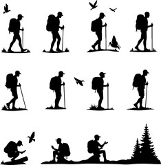 Obraz premium mountain hiking, outdoor adventure, walking man vector bundle