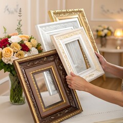 A woman holds four decorative picture frames in various colors and styles. A bouquet of roses is visible in the background, adding a touch of elegance to the scene.