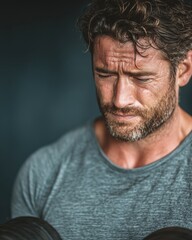 Fototapeta premium Man Lifting Dumbbells in Gym Suddenly Experiencing Shoulder Pain, Expression of Discomfort While Dropping Weights, Fitness Injury Moment for Sports Safety and Recovery Content 