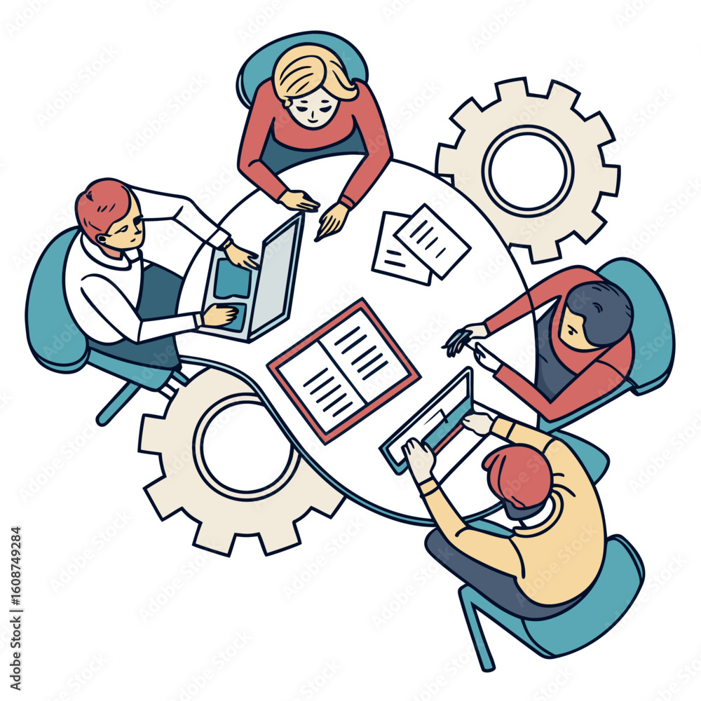 Poster overhead view of four people sitting at a gear shaped table working with laptops and paper documents