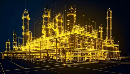 A 3D model of a refinery, highlighted with glowing yellow lines.  Industrial complex structure is depicted