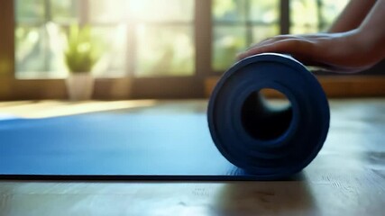 Rolling up yoga mat on wooden floor