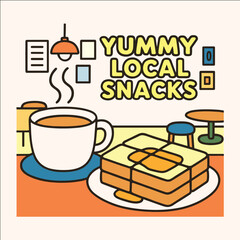 Flat design illustration of local breakfast with toast and hot drink in retro café setting – yummy local snacks concept

